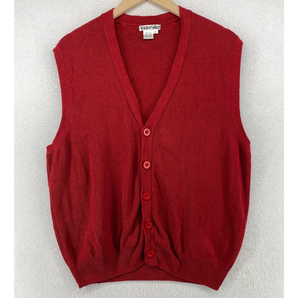 WINTERSILKS Sweater Mens XL 100% Silk Vest Grandpa Jumper Button Front Red - Picture 1 of 10